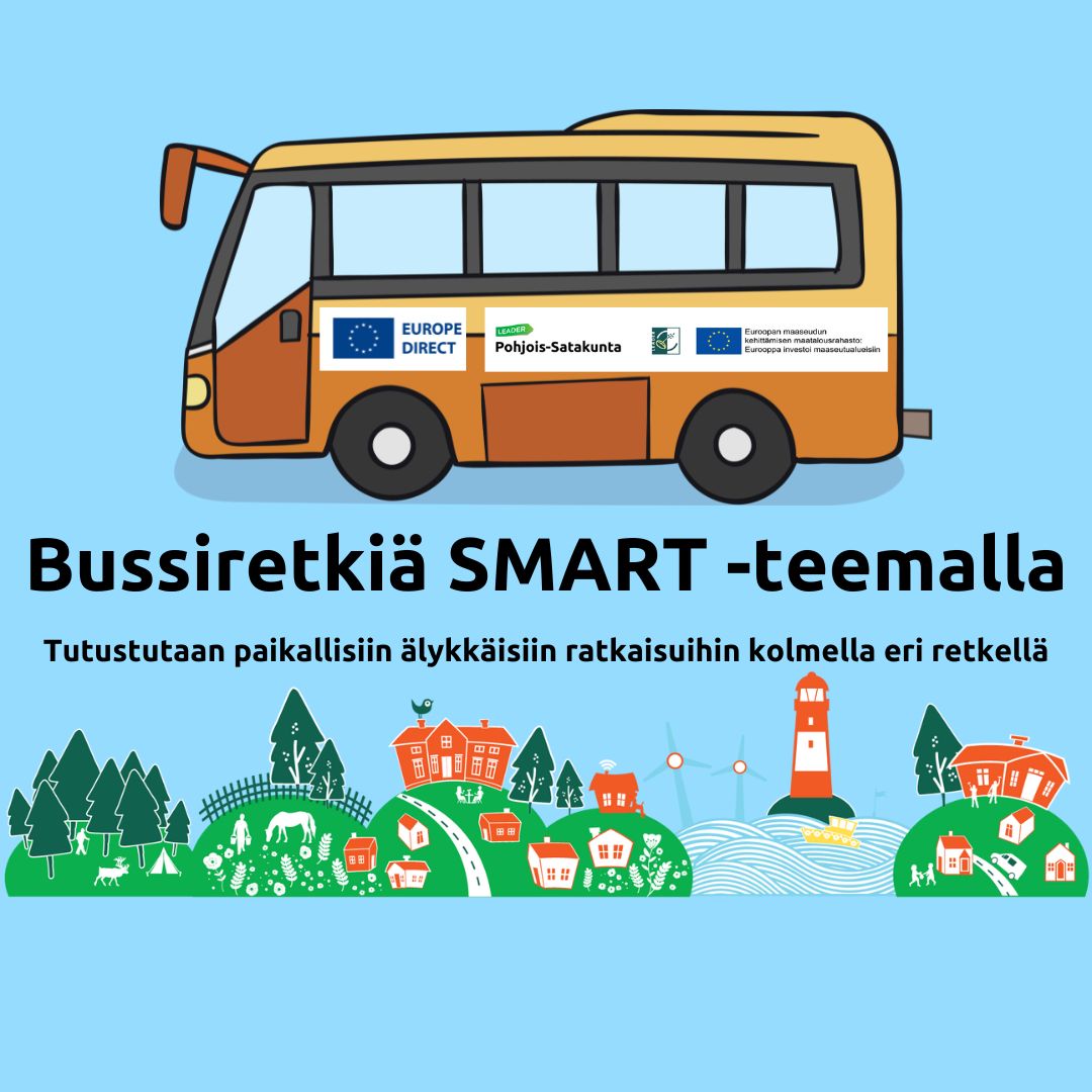 Mainoskuva, jossa grafiikkana bussi ja maaseutusilhuetti