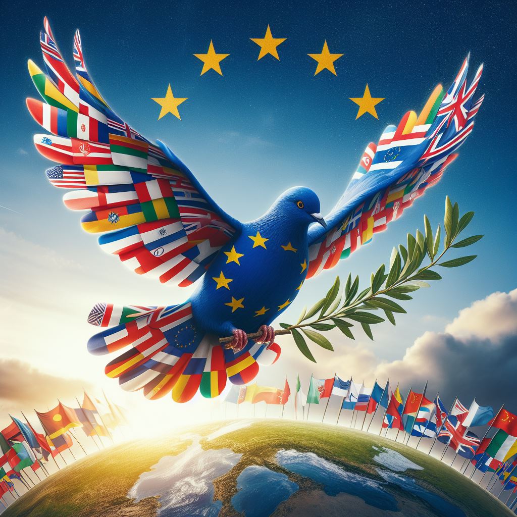 Tekoälyn generoima kuva rauhan kyyhkystä, jossa euroopan unioinin maiden liput sulissa ja rinnassa iso eu lippu