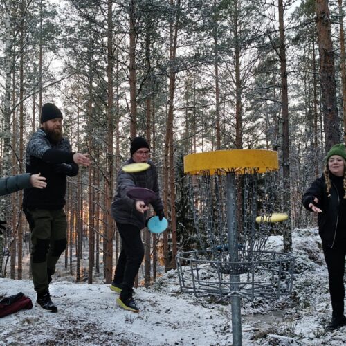 Asumiskokeilijat pelaamassa frisbeegolfia Eteläpään metsissä.