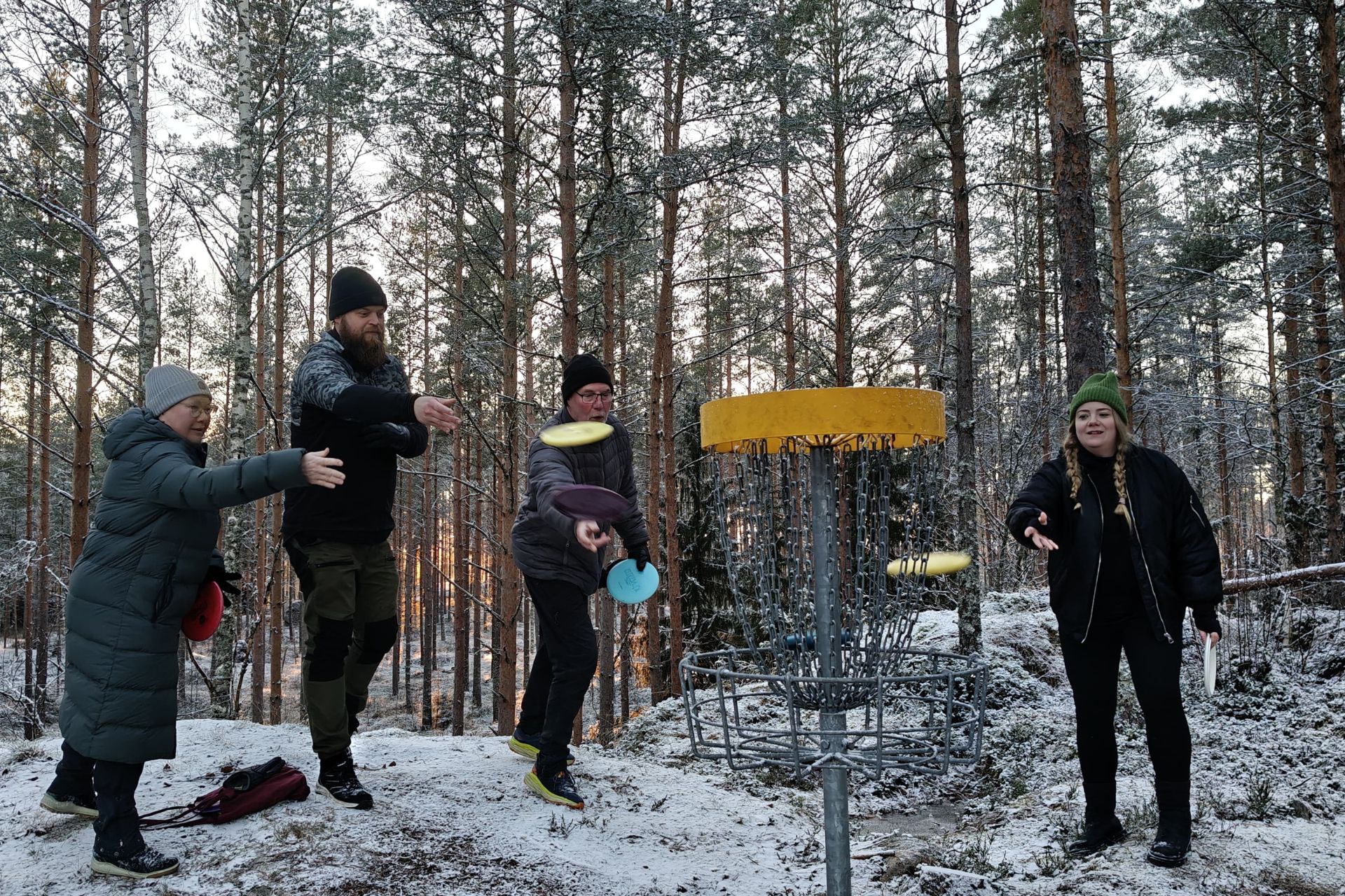 Asumiskokeilijat pelaamassa frisbeegolfia Eteläpään metsissä.